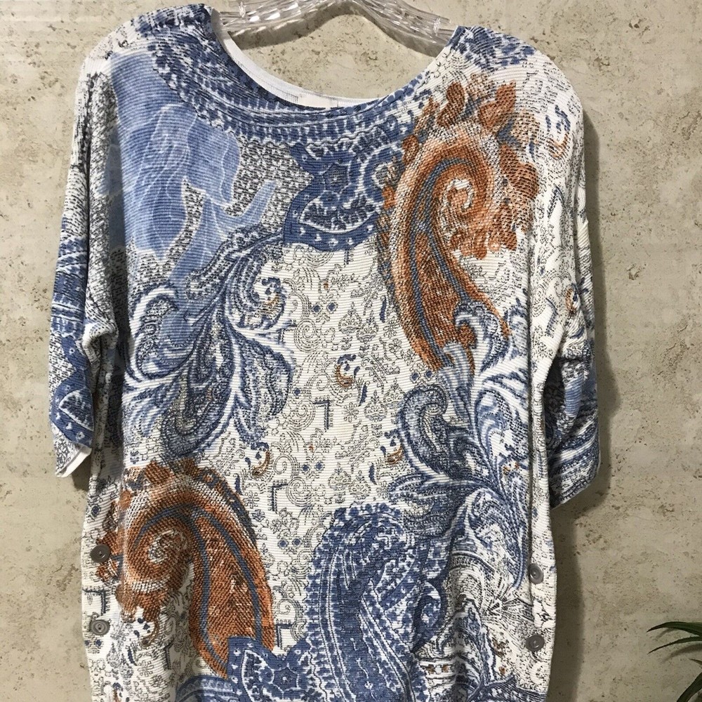 Chico's Floral Paisley Short Sleeve Sweater Womens Size 1 M Medium